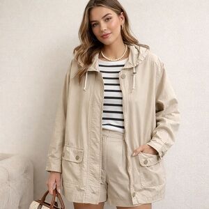 Towne by London Fog Hooded Rain Jacket Tan Lightweight Women M Preppy Coastal